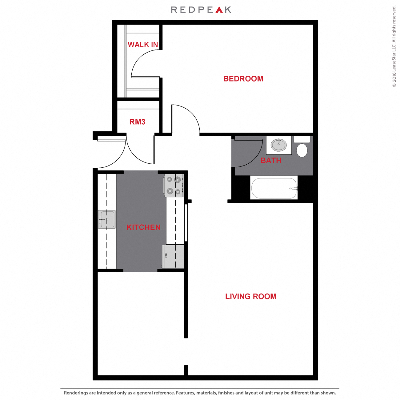 Floor plan for 1 bed, 1 bath, 739 sqft